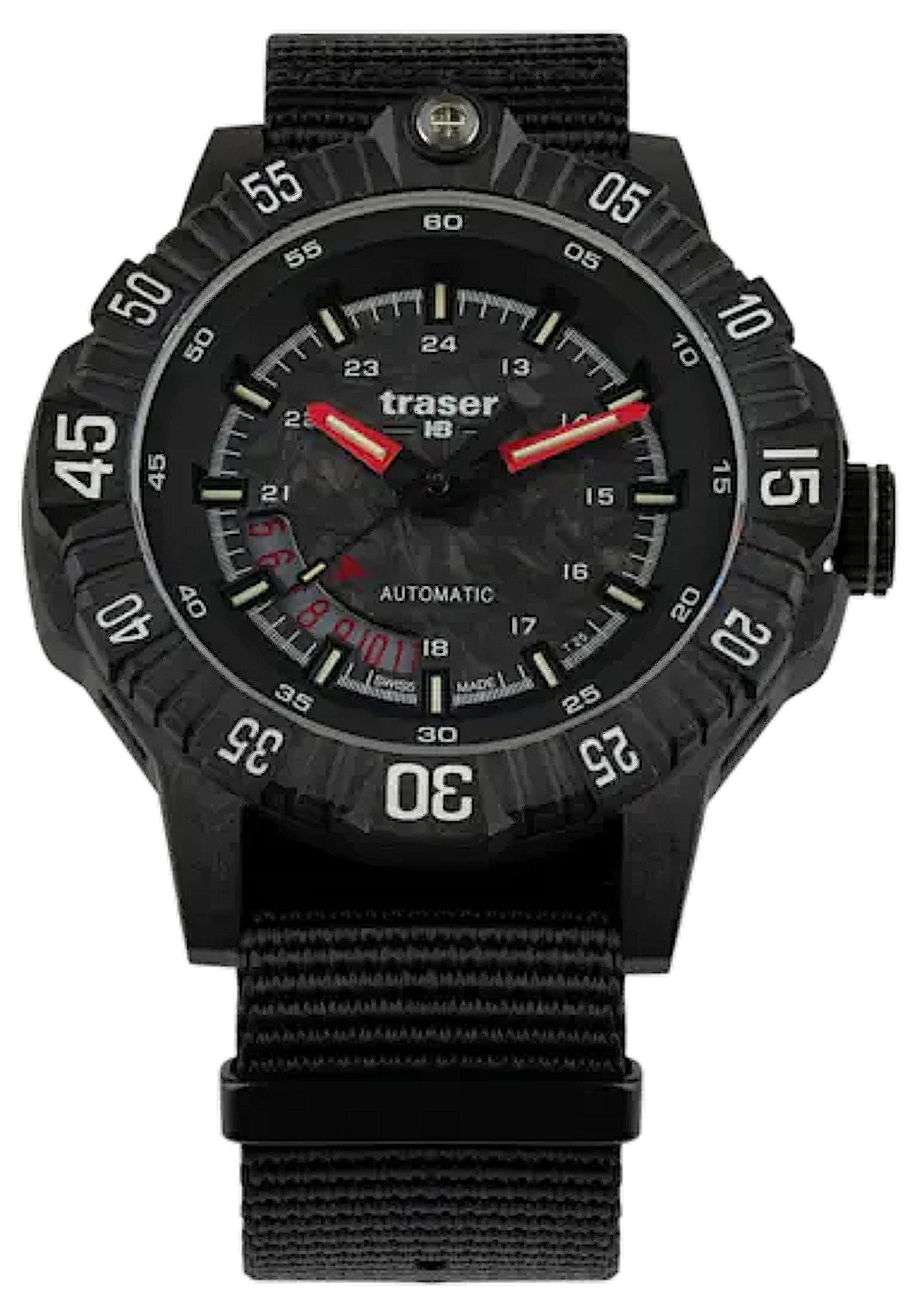 Montre pour homme : cadran noir, aiguilles rouges, Trigalight, bracelet en tissu noir