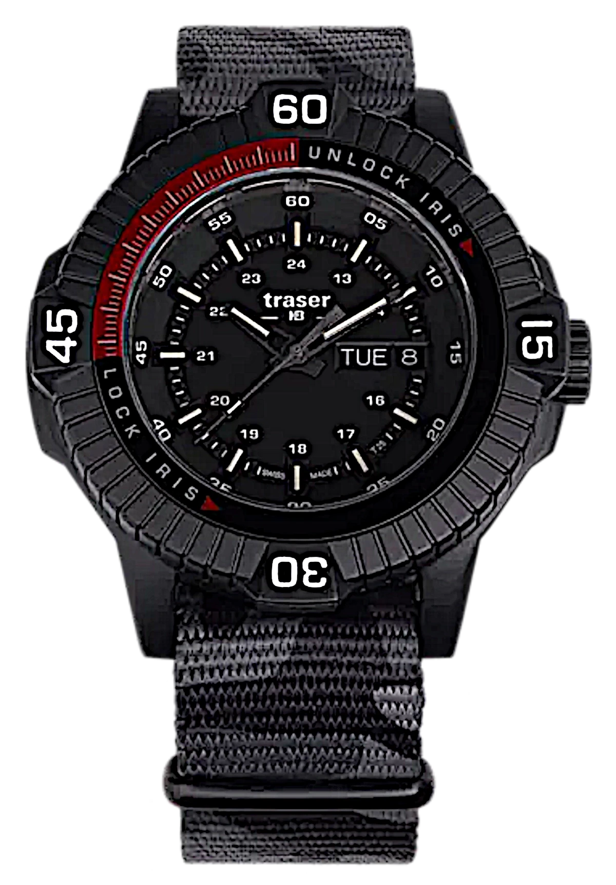 Bracelet de montre pour homme avec cadran noir, anneau de minutes rouge et bracelet en textile