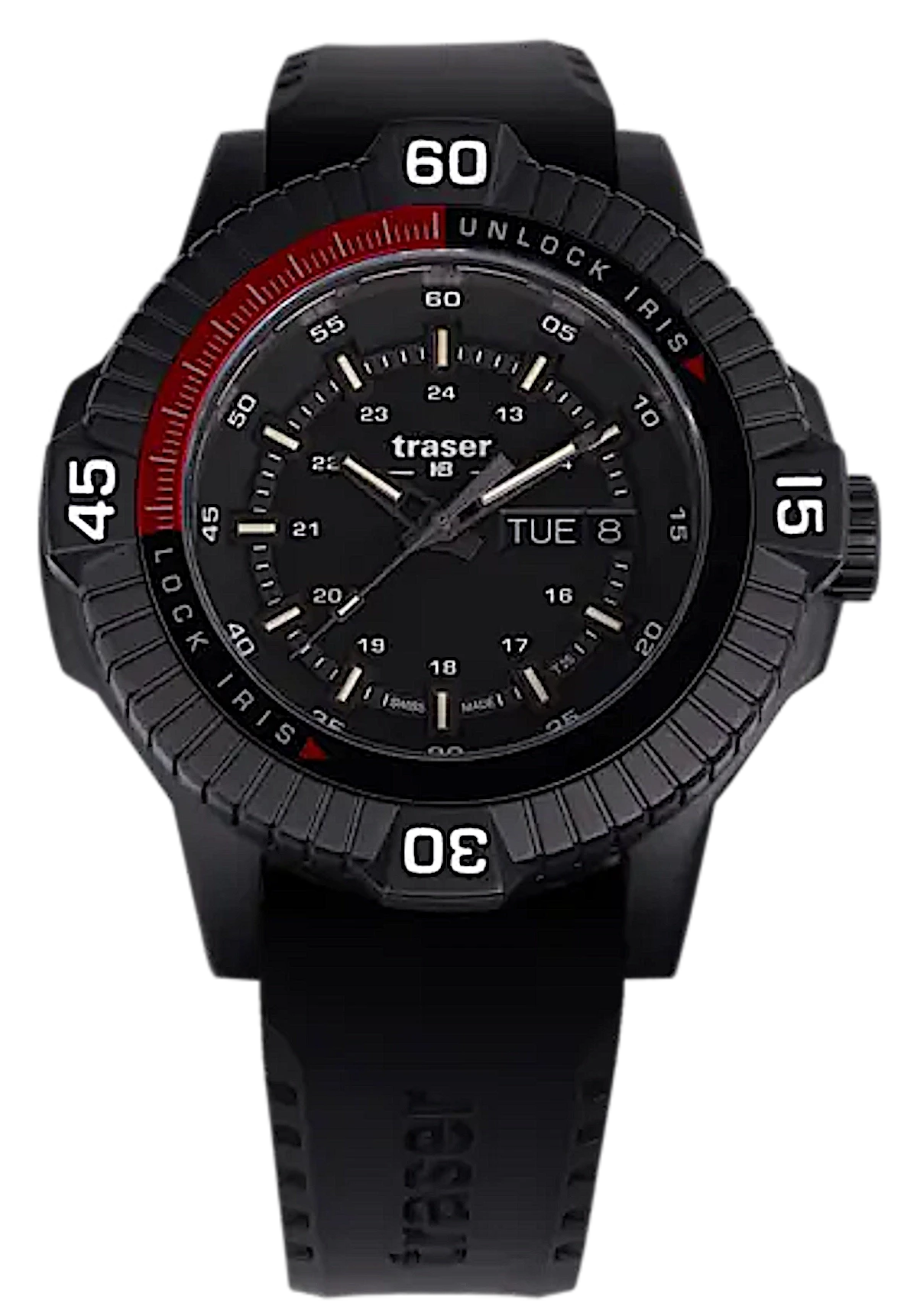 Montre Traser pour homme avec bracelet en caoutchouc noir, cadran noir et lunette extérieure rouge