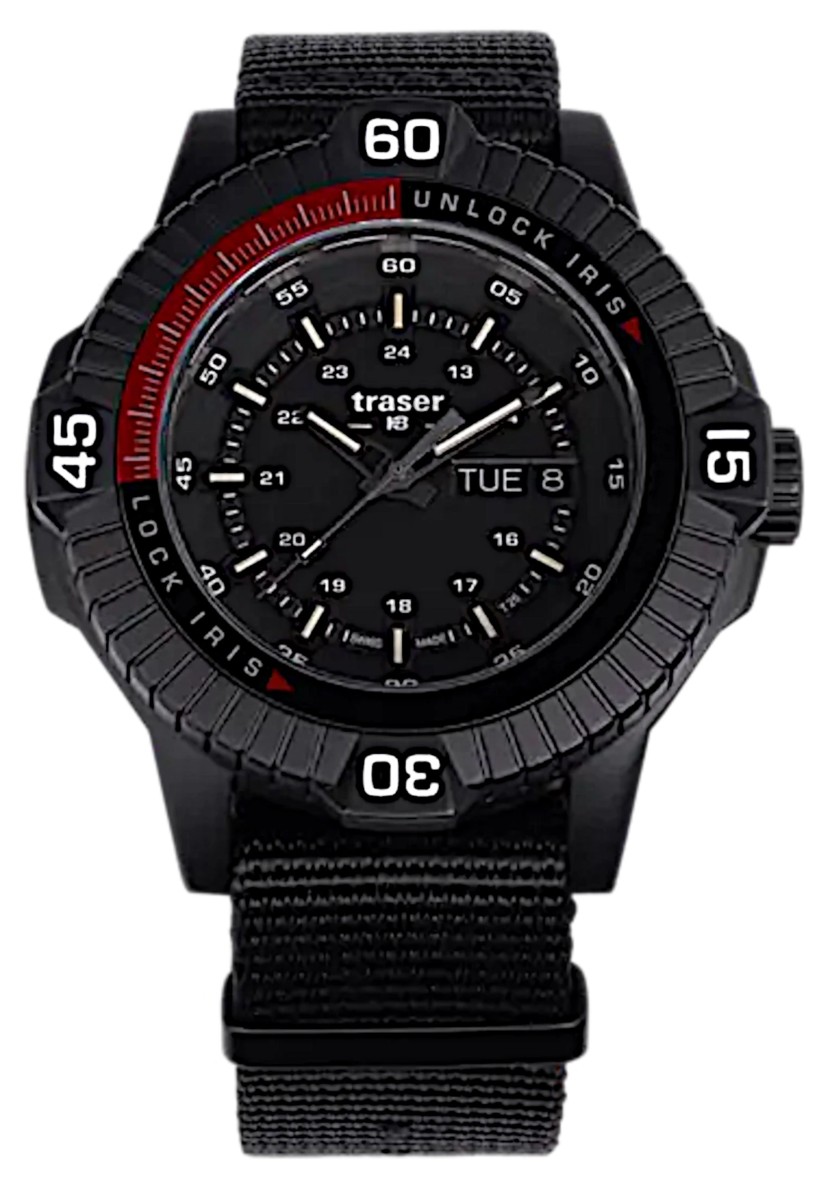 Montre homme Traser, boîtier noir, bracelet textile noir, lunette rouge
