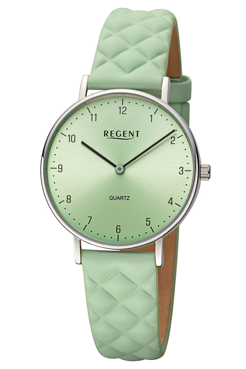 Regent Damenuhr mit mintfarbenem Lederarmband, Mineralglas und Sunray-Zifferblatt, Quarz