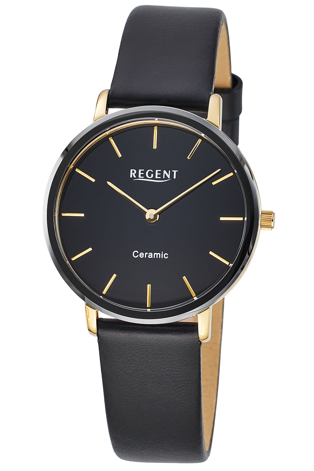 Regent Damenuhr mit schwarzem Zifferblatt und schwarzem Lederarmband
