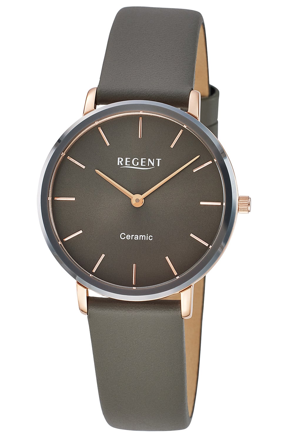 Damenarmbanduhr mit grauem Lederband, rundem dunklem Zifferblatt und Roségold-Details