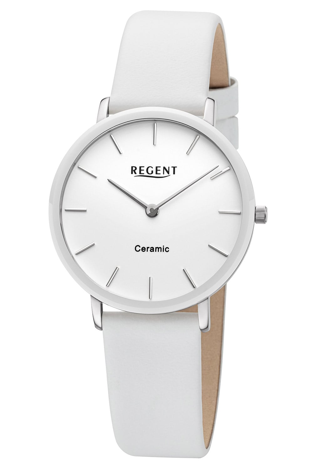 Damenuhr Regent mit weißem Armband und rundem Zifferblatt, schlichte Keramik-Optik.