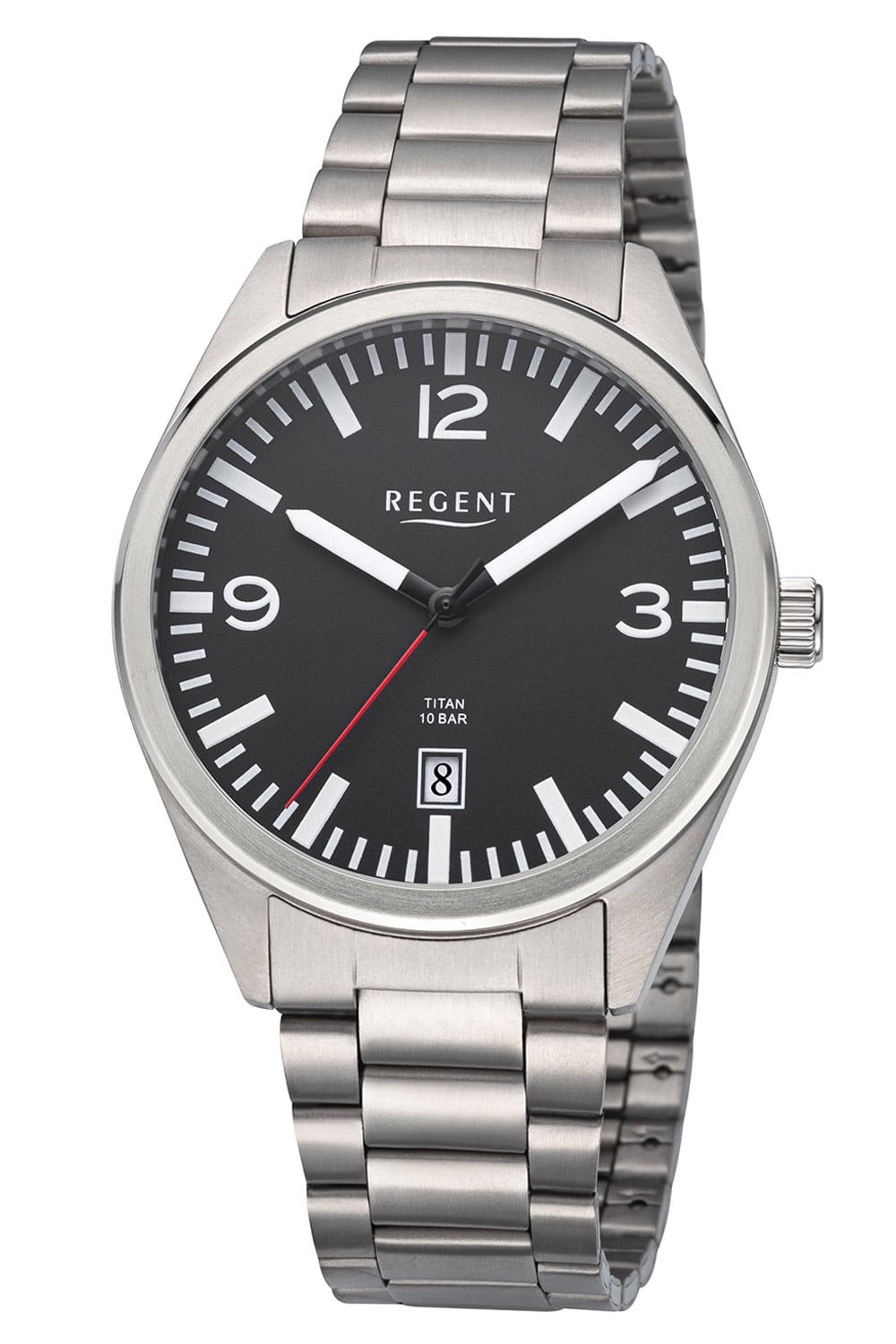 Herrenarmbanduhr Regent F-1604 aus Titan mit schwarzem Zifferblatt und Datumsanzeige