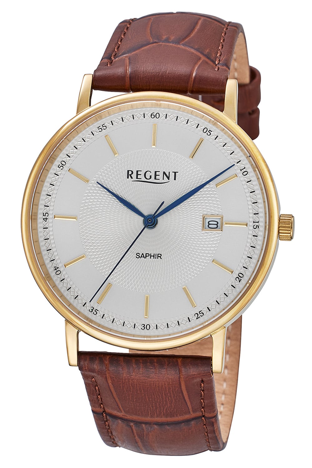 Herrenuhr mit goldfarbenem Gehäuse, weißem Zifferblatt und braunem Lederband, Datumsfenster