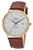 Herrenuhr mit goldfarbenem Gehäuse, weißem Zifferblatt und braunem Lederband, Datumsfenster
