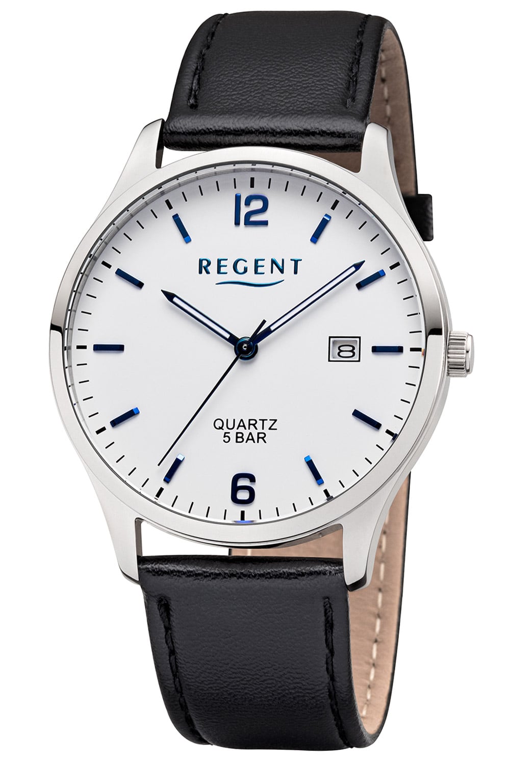 Schwarze Herrenuhr mit Lederarmband, weißem Zifferblatt und Analoganzeige, Quarzwerk