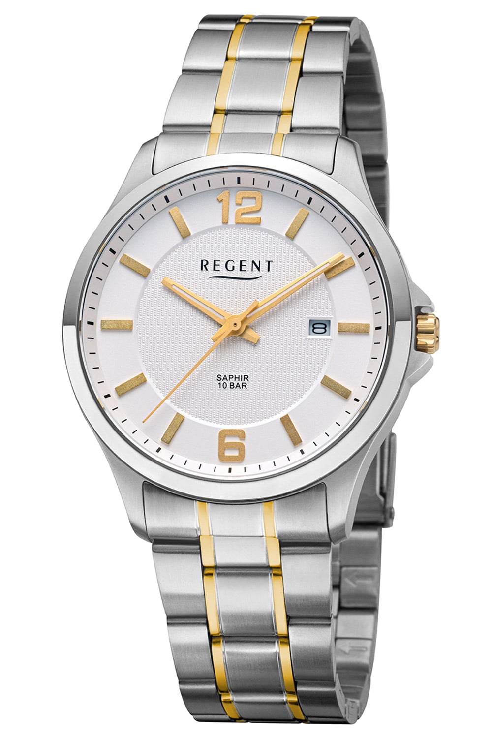 Bicolor-Herrenuhr mit silbernem Edelstahlband, gelben Akzenten, Saphirglas und Datumsanzeige