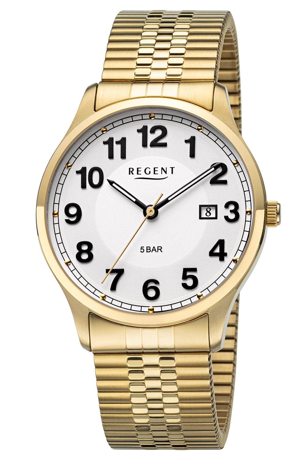 Goldfarbene Herrenuhr mit Metallarmband und weißem Zifferblatt, 5 BAR