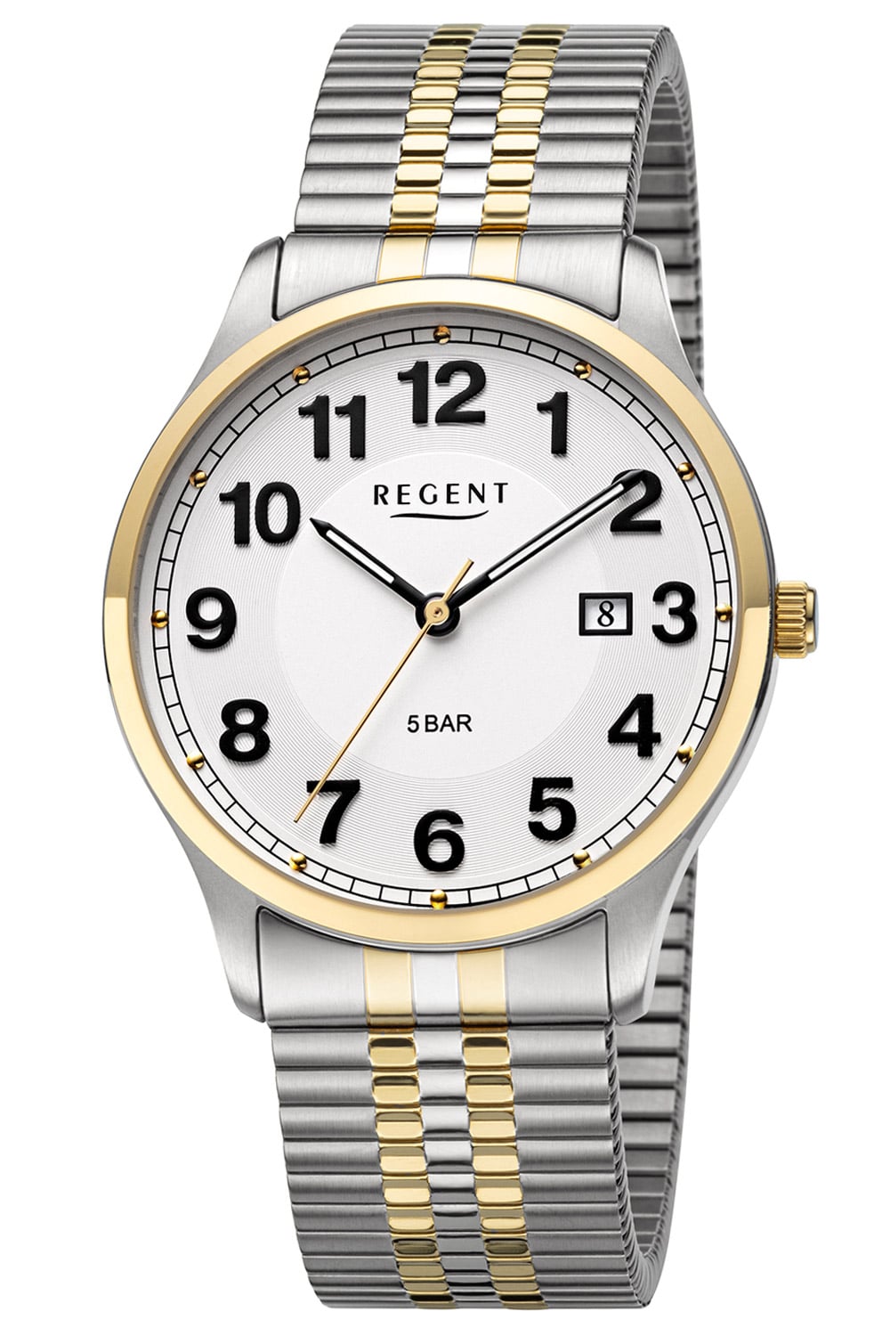 Zweifarbige Herrenuhr mit Zugband, silbergoldenem Metallarmband, Datumsanzeige