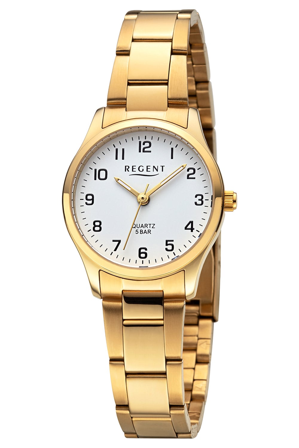 Goldfarbene Damenuhr mit rundem Zifferblatt, weißen Indexen und Metallarmband
