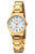 Goldfarbene Damenuhr mit rundem Zifferblatt, weißen Indexen und Metallarmband