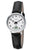 Schwarze Damen-Armbanduhr mit silbernem Gehäuse und Lederarmband, analoges Zifferblatt