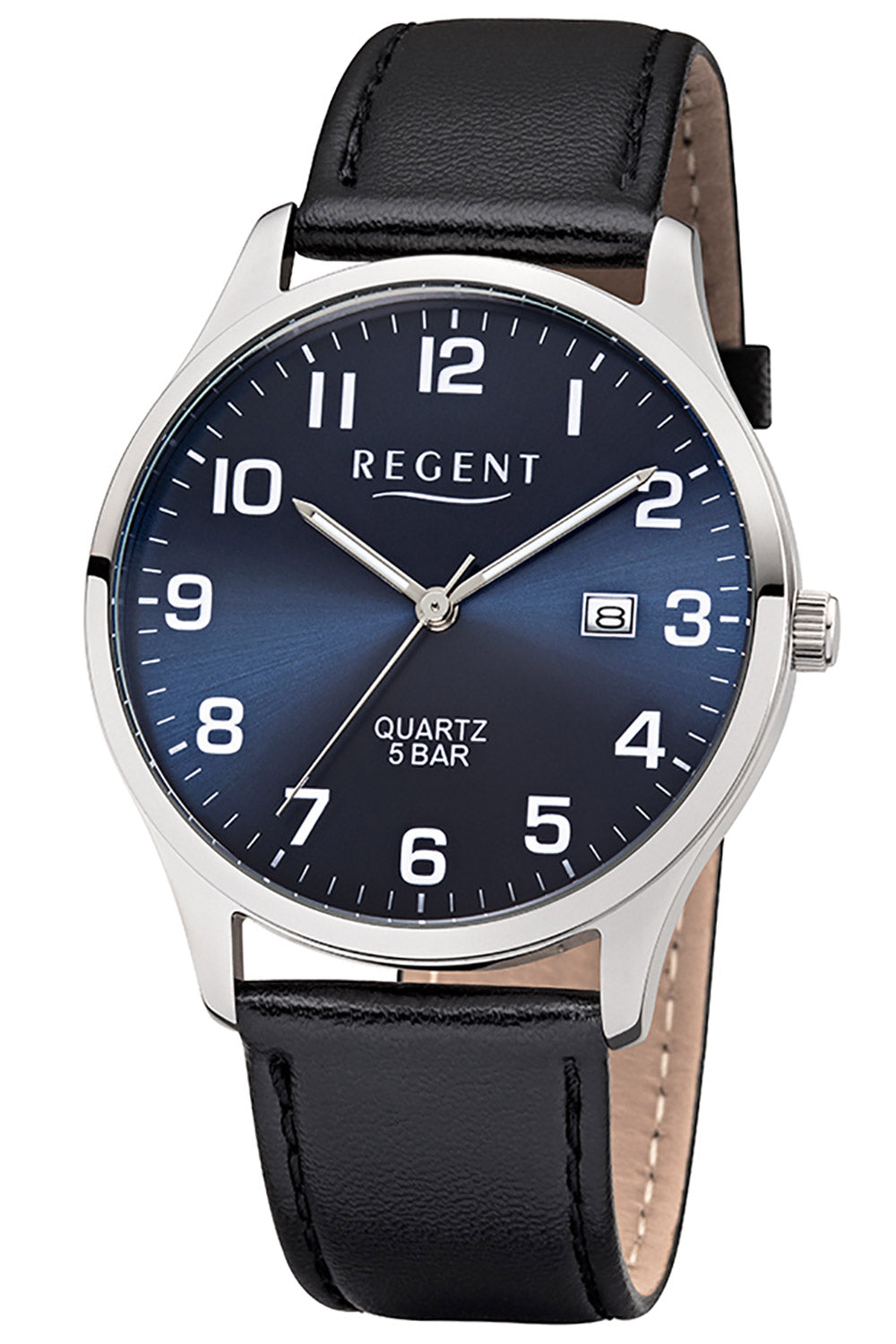 Herrenarmbanduhr mit schwarzem Lederarmband, blauem Zifferblatt und Datumsanzeige, REGENT