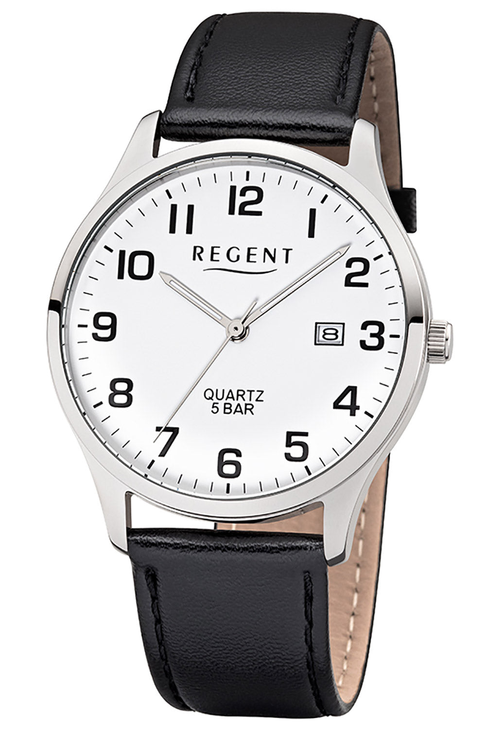 Regent Herrenuhr mit schwarzem Lederarmband, weißem Zifferblatt und Datumsfenster