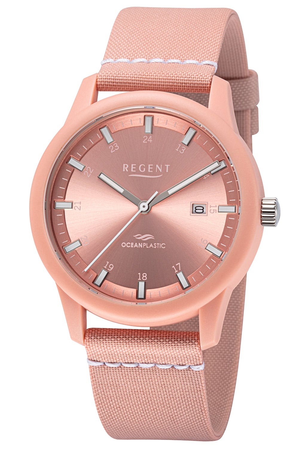 Regent Damenuhr mit rosa Textilarmband und rosafarbenem Zifferblatt, Quarzwerk