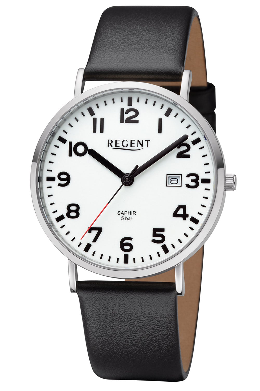 Herrenuhr mit schwarzem Lederarmband und weißem Zifferblatt mit arabischen Ziffern