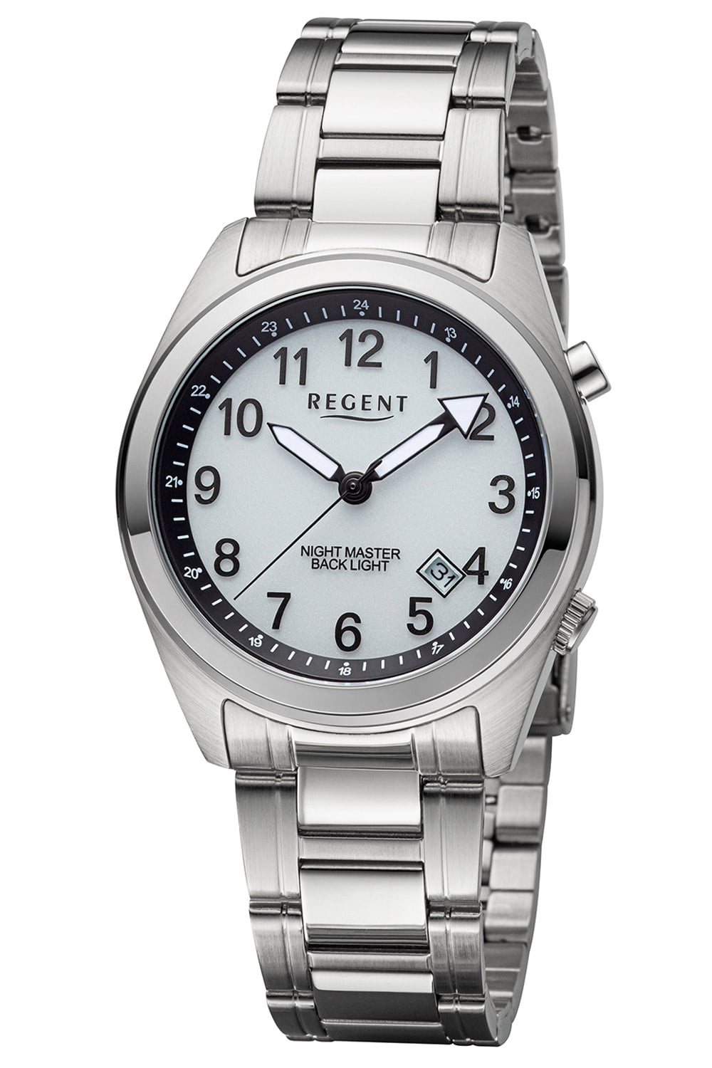 Silberne Armbanduhr mit Metallband, dunklem Leuchtzifferblatt und Mineralglas