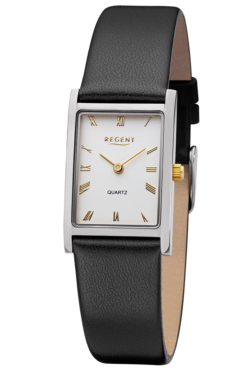 Bicolor-Damenuhr mit schwarzem Lederarmband, rechteckigem Silbergehäuse und goldenen Zeigern