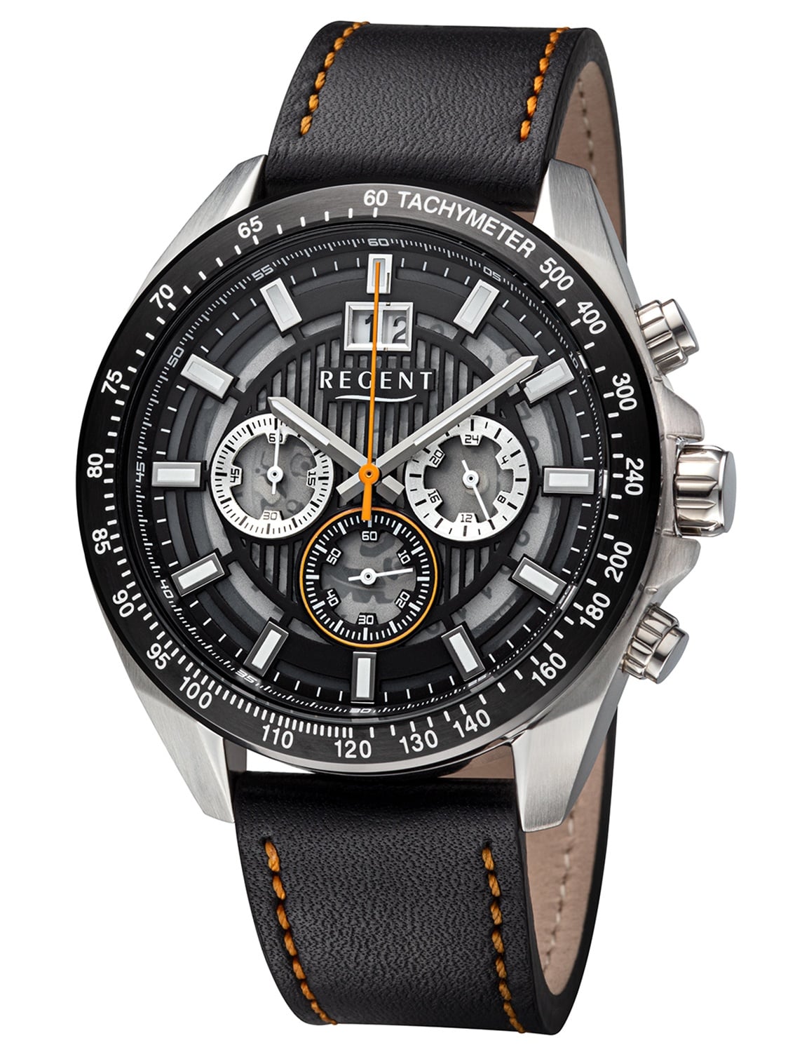 Regent Herrenuhr Chronograph mit Edelstahlgehäuse, Mineralglas und schwarzem Lederband