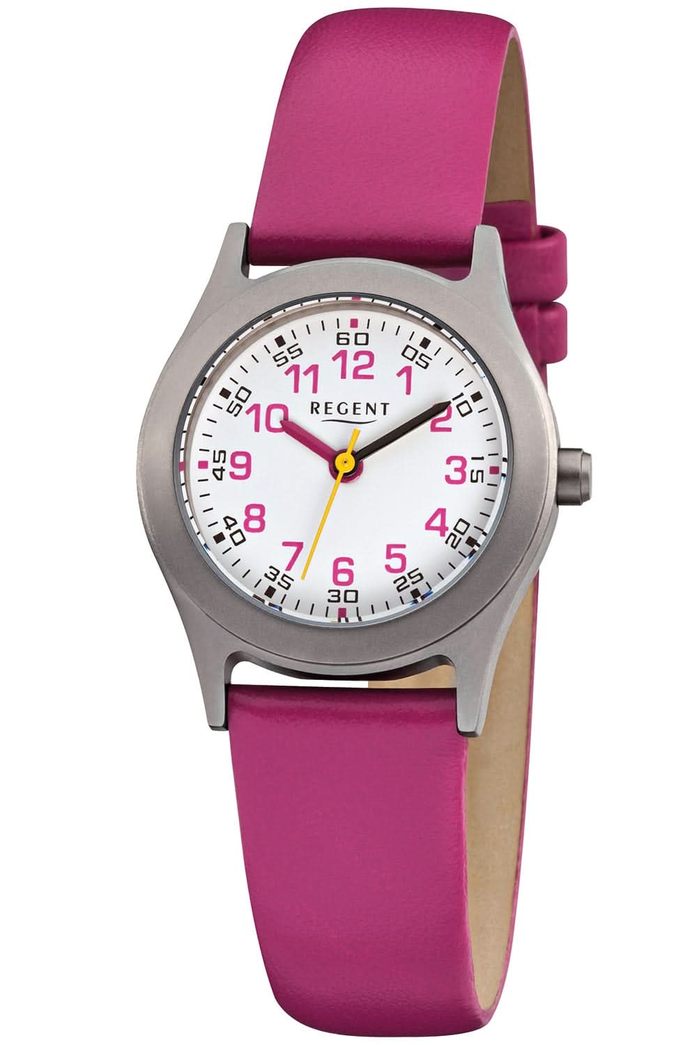 Kinderuhr mit rundem Metallgehäuse, pinkem Silikonarmband und weißem Ziffernblatt