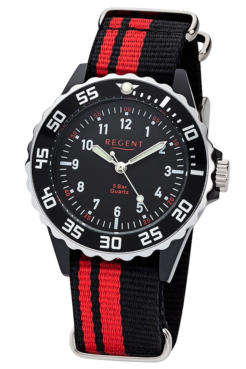 Regent Kinderuhr, schwarz mit rotem Textilband und schwarzem Zifferblatt, drehbare Lünette