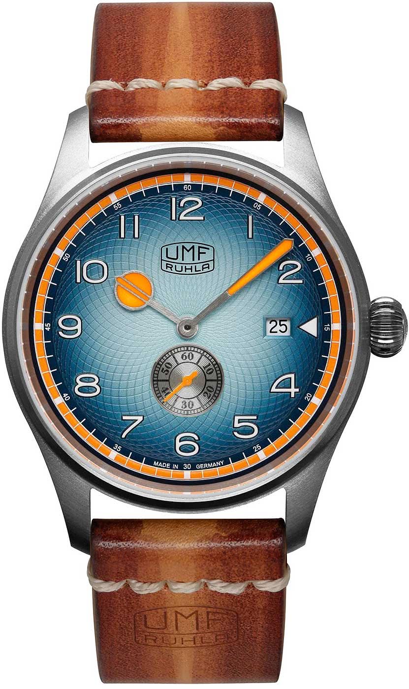 Montre homme avec cadran bleu, index orange et bracelet en cuir marron
