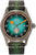 Montre homme : cadran turquoise, détails orange, bracelet en cuir