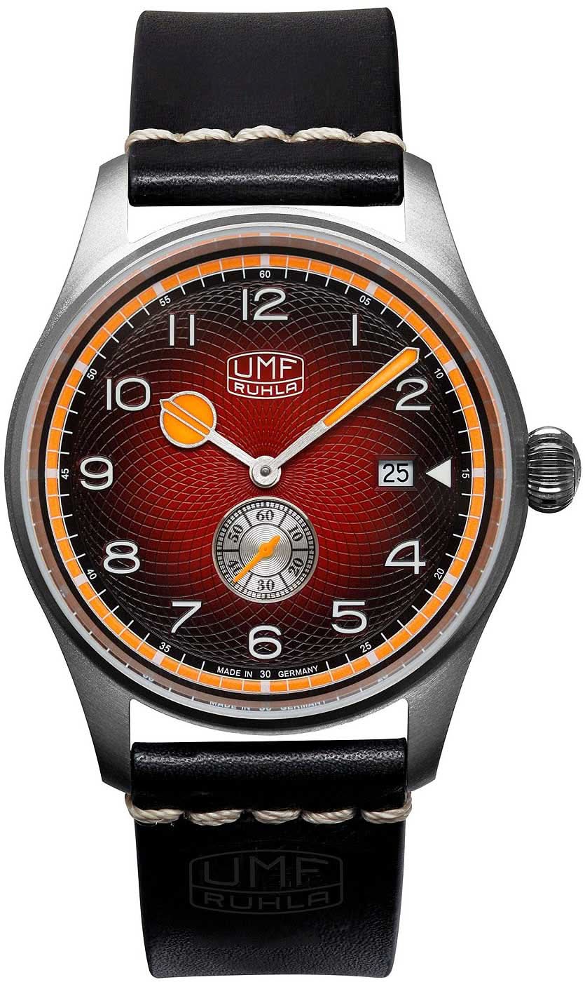 Herrenarmbanduhr mit silbernem runden Gehäuse, schwarzem Lederband und rotem Zifferblatt