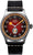 Herrenarmbanduhr mit silbernem runden Gehäuse, schwarzem Lederband und rotem Zifferblatt