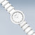 Bering Montre Femme, vue de biais : cadran blanc avec index en zircone cubique, bracelet en céramique