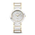 Damen-Armbanduhr mit rundem Zifferblatt, Edelstahl-/Keramikarmband, goldfarbene Details, Schwarzgold-Look.