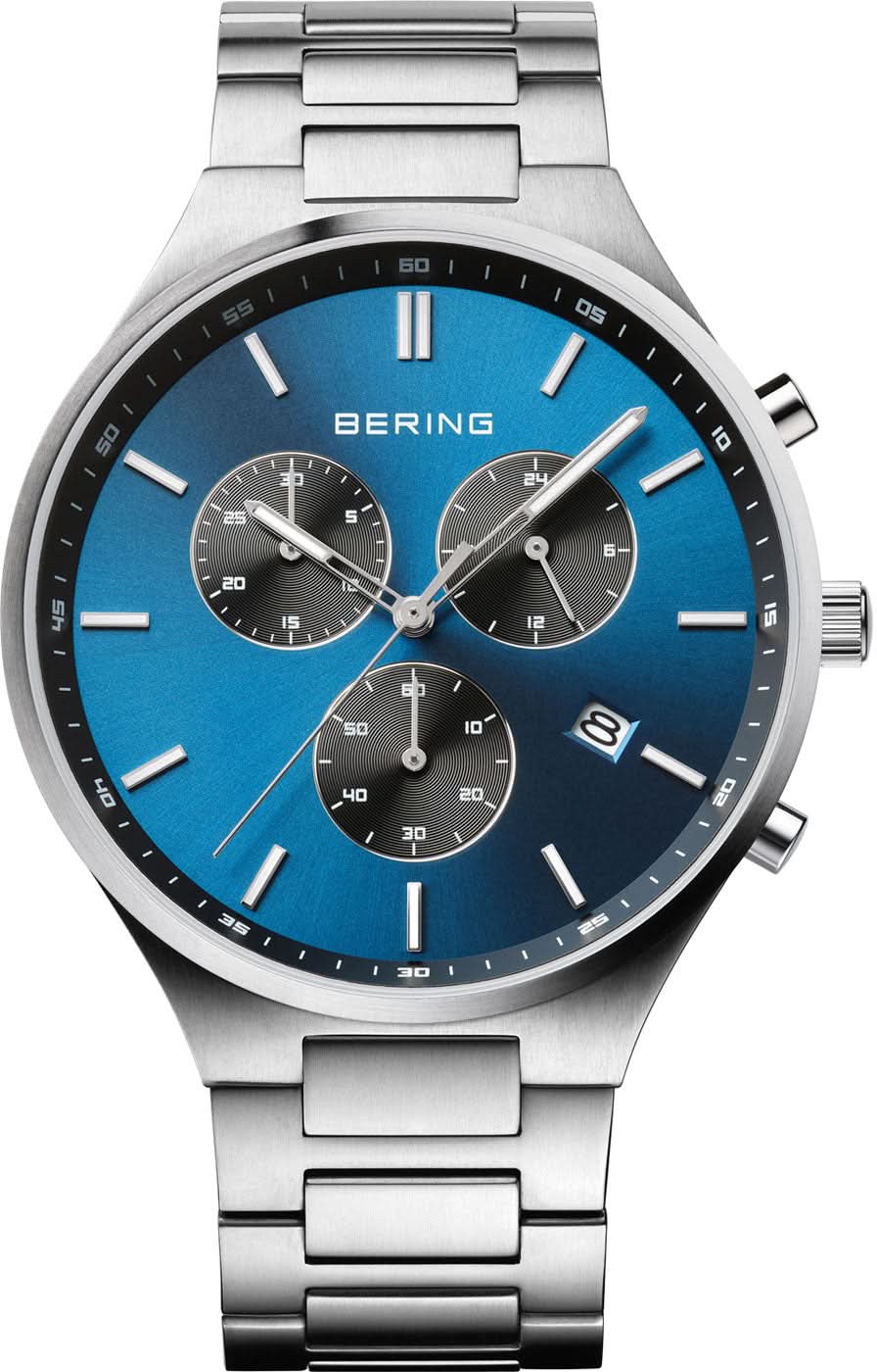 Bracelet de montre pour homme avec cadran bleu, bracelet en titane argenté et indicateurs ronds