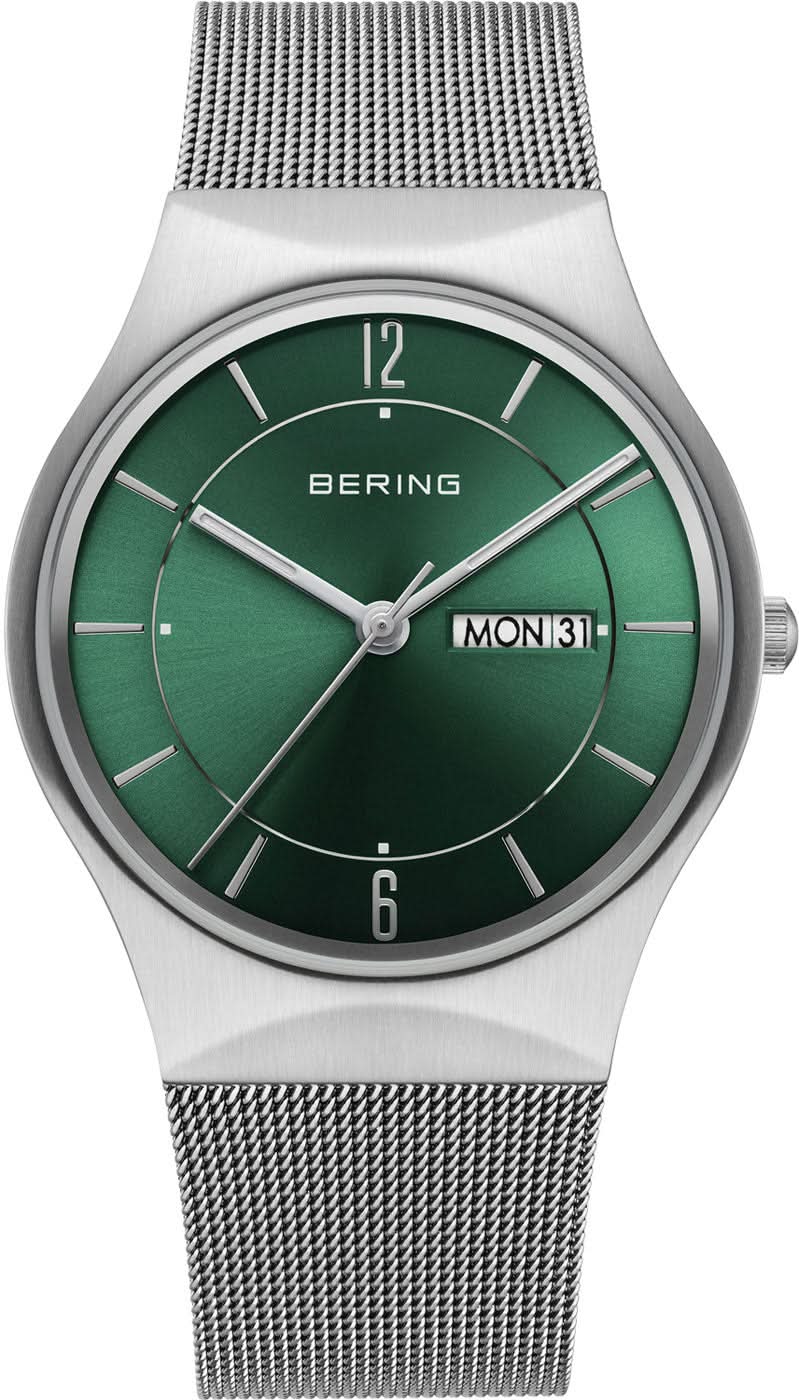 Silberne Herrenuhr mit grünem Zifferblatt, Milanaise-Armband und Datum