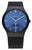 Montre homme avec cadran bleu, aiguilles argentées et bracelet milanais foncé