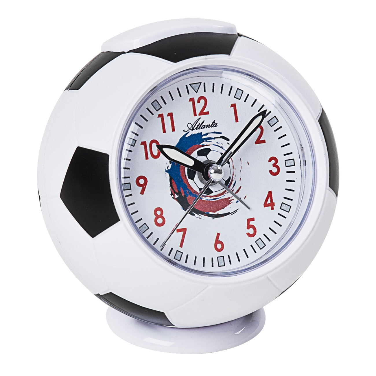 Réveil football Atlanta avec cadran analogique, aiguille des minutes noire et motif de football