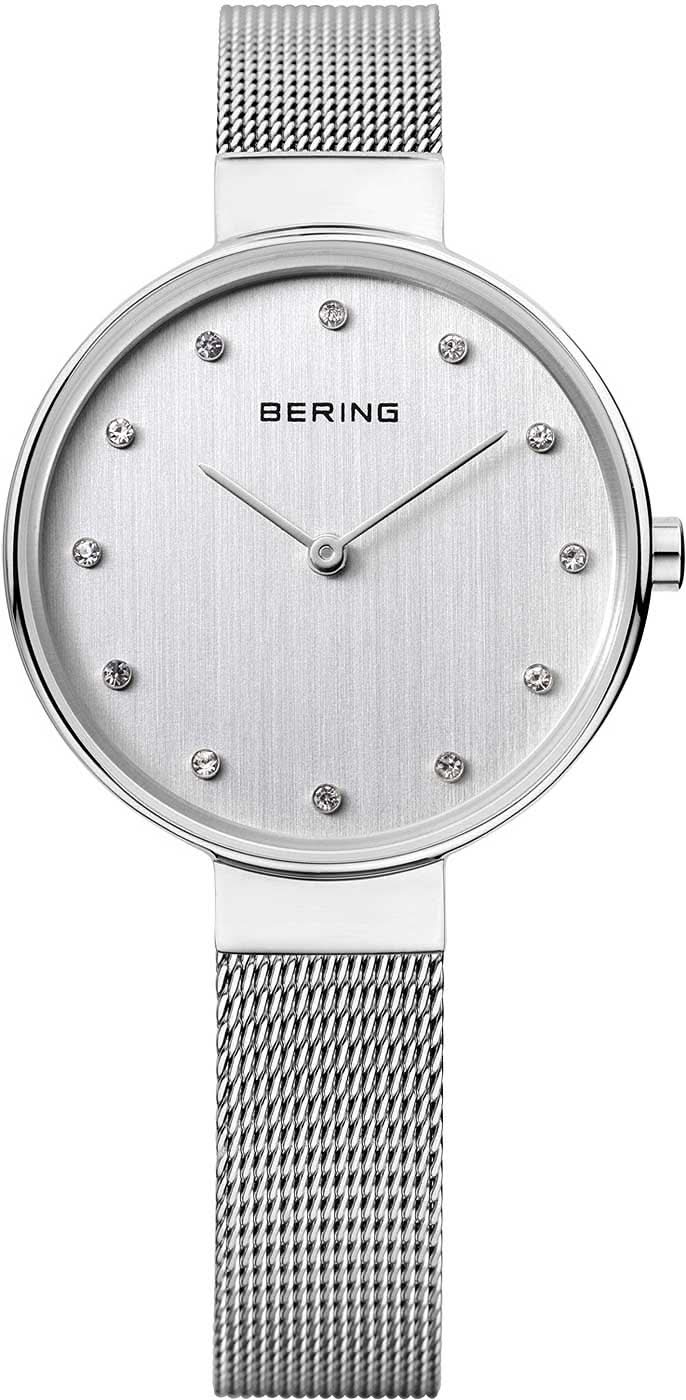 Damenuhr mit silbernem Milanaise-Armband und rundem Zifferblatt, Bering-Logo
