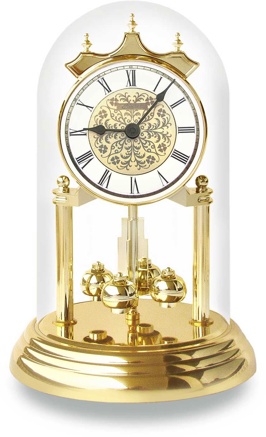 Tischuhr mit Quarzwerk, goldfarbener Pendelmechanik und römischem Zifferblatt