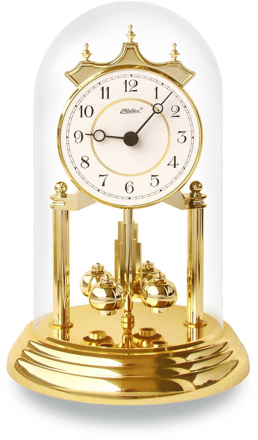 Table de chevet en laiton avec cloche en verre, cadran rond, chiffres romains et pendule tournante