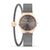 Damenuhr mit dunklem Zifferblatt, roségoldener Lünette und grauem Milanese-Armband