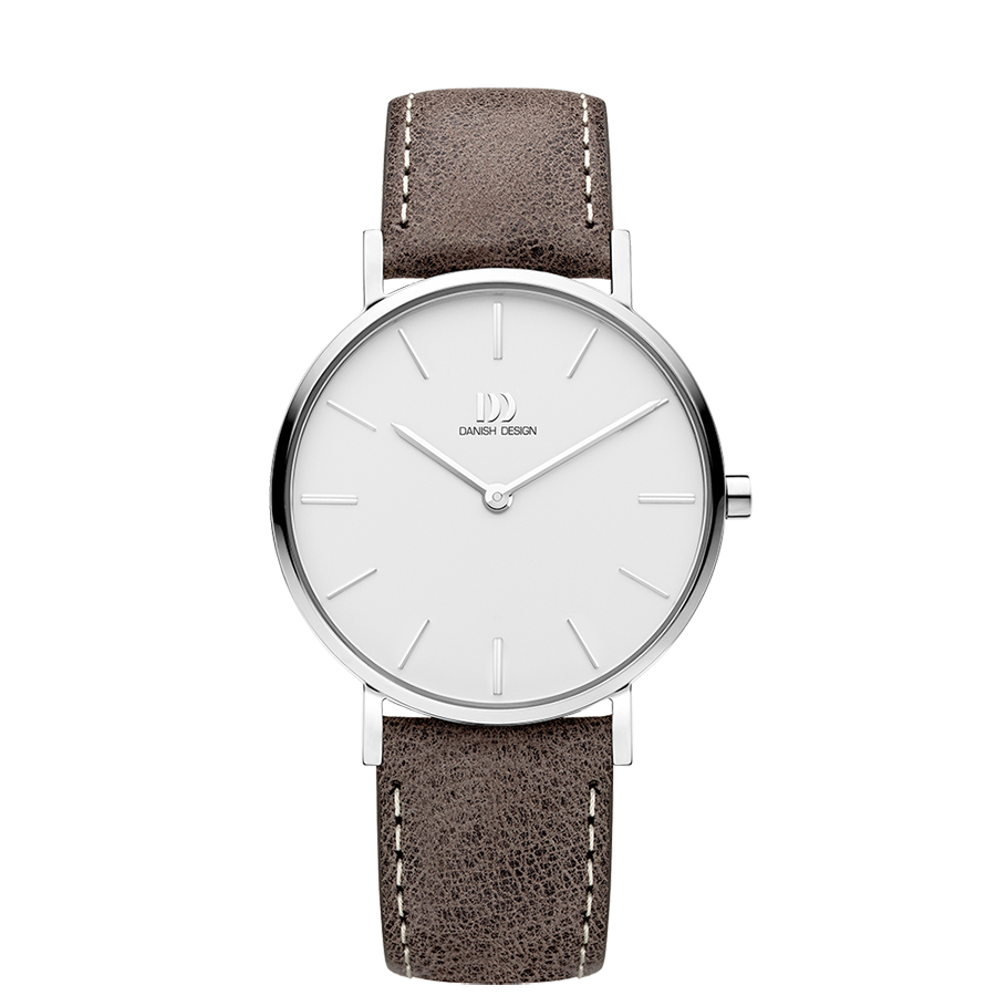 Danish Design Armbanduhr mit silbernem Gehäuse, weißem Zifferblatt und taupe Lederarmband