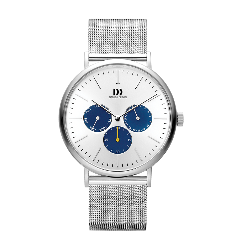 Herrenuhr mit silbernem Meshband, blauem Teilzifferblatt, Datum & Wochentag