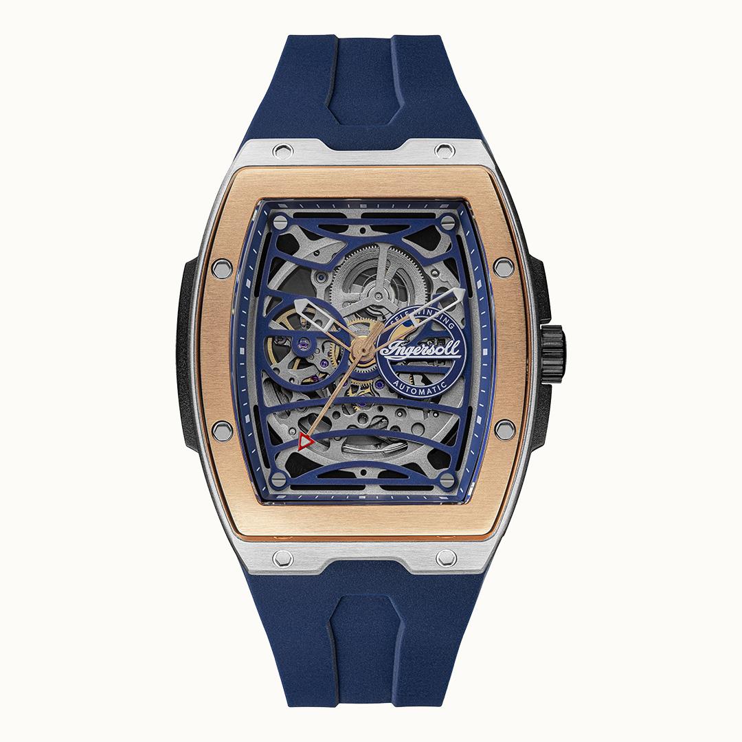 Ingersoll Herrenuhr mit blauem Silikonband und Sichtfenster auf das Automatikwerk