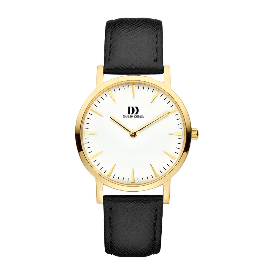 Damenuhr mit goldfarbenem Gehäuse, schwarzem Lederarmband und weißem Zifferblatt