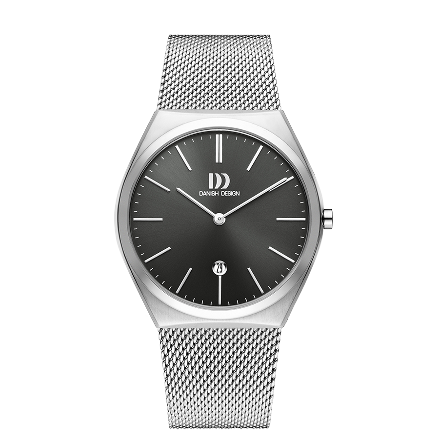 Herrenuhr mit schwarzem Zifferblatt, silbernem Edelstahl-Mesharmband und Mineralglas
