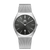 Herrenuhr mit schwarzem Zifferblatt, silbernem Edelstahl-Mesharmband und Mineralglas