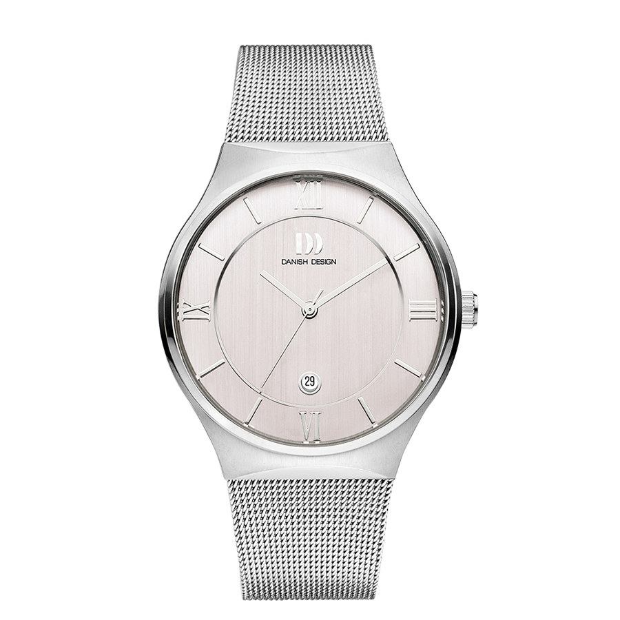 Silberne Armbanduhr mit Mesh-Armband, silbernem Zifferblatt und Datumsanzeige
