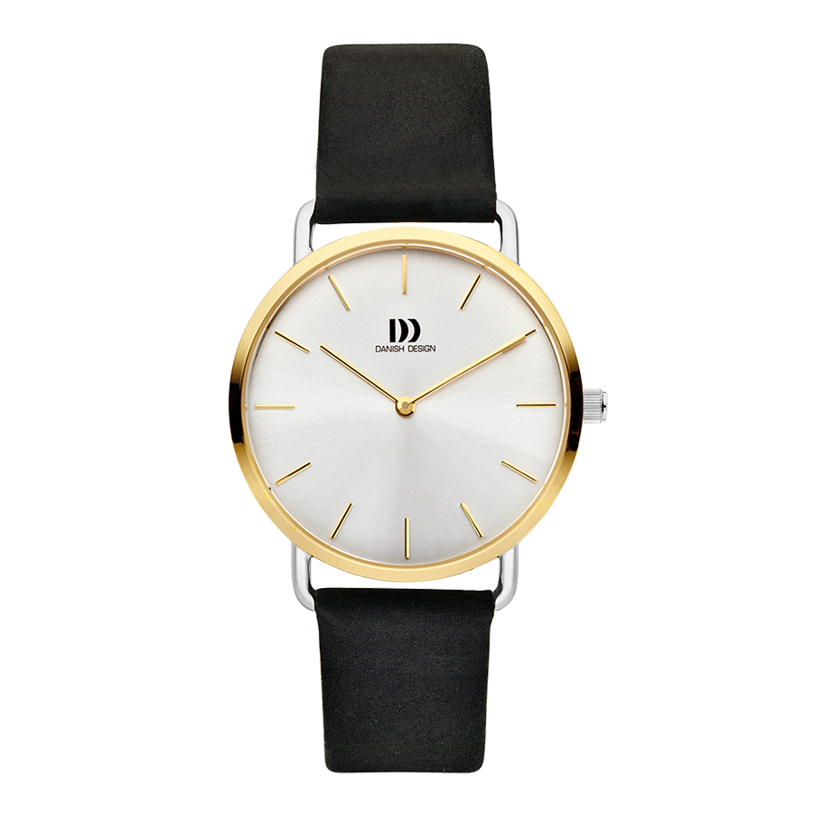 Damen-Armbanduhr mit weißem Zifferblatt, goldenen Zeigern und schwarzem Lederarmband
