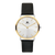 Damen-Armbanduhr mit weißem Zifferblatt, goldenen Zeigern und schwarzem Lederarmband